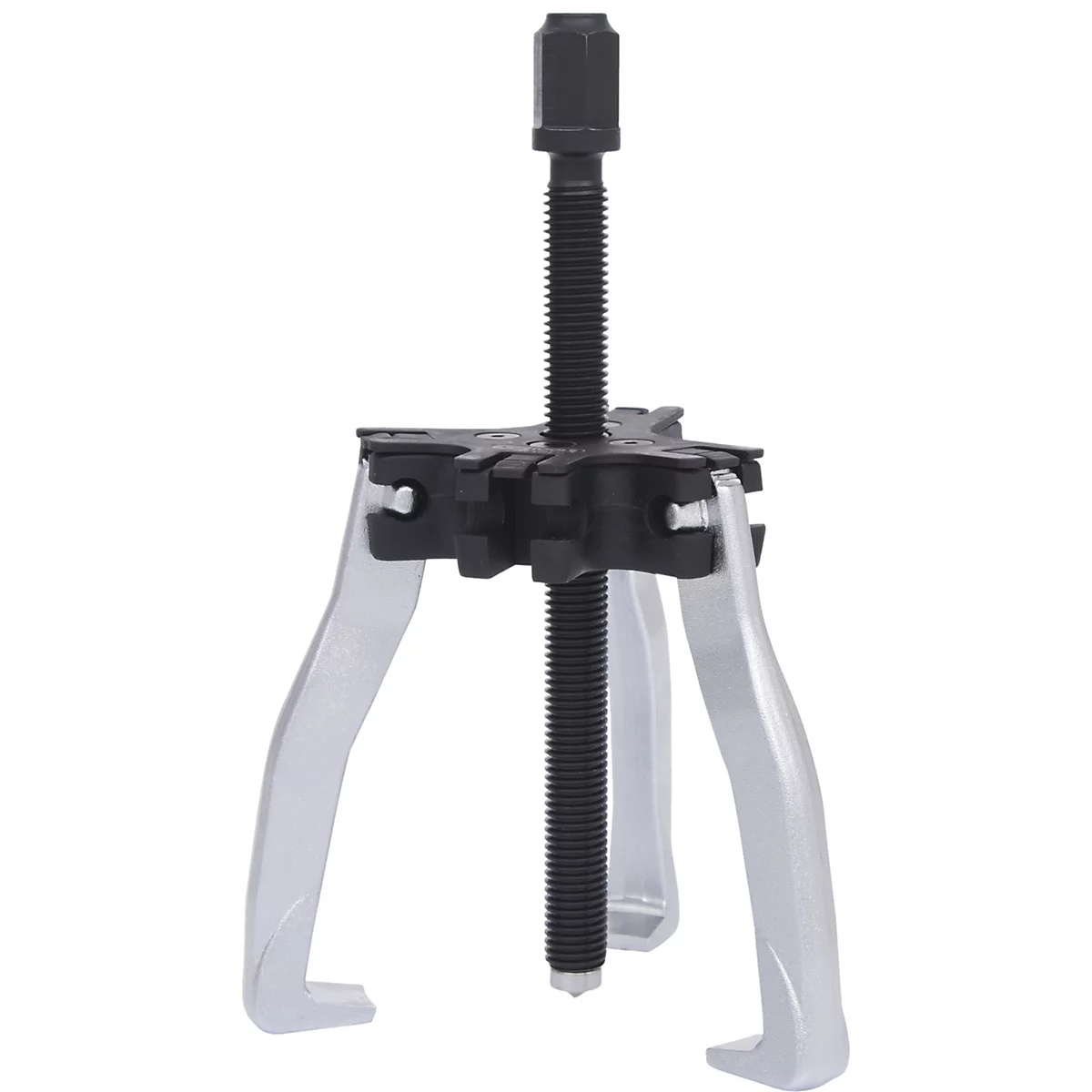 Ein silberner Abzieher mit drei Armen, einem schwarzen Gewindebolzen und einer schwarzen Mutter.